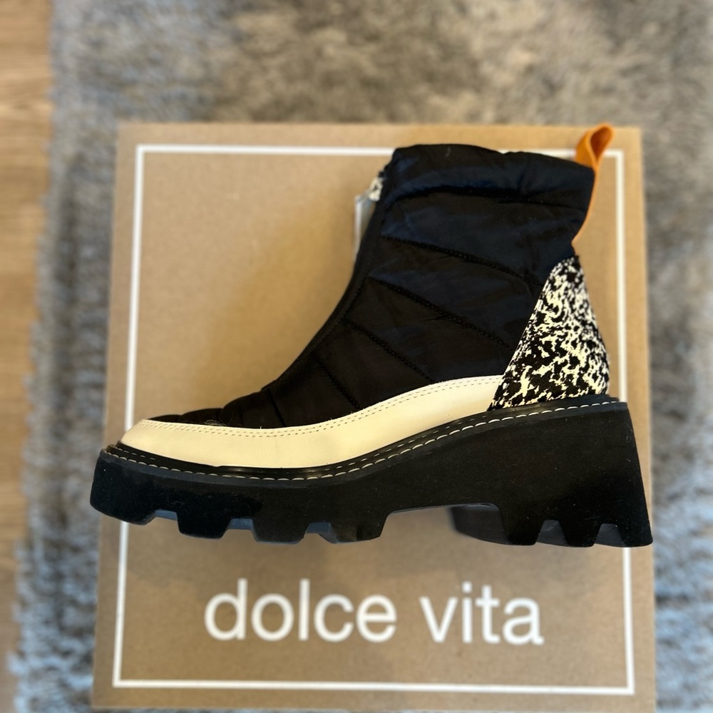 Dolce Vita Black, Cream & Orange Quilted Ankle Bootie